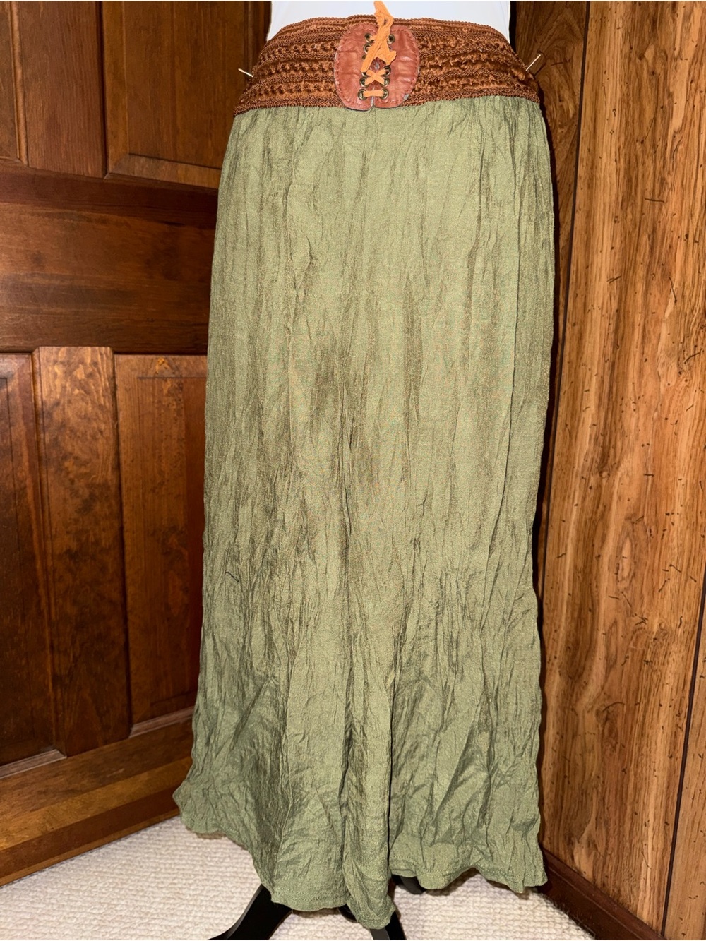 Olive Green Maxi Skirt with Braided Waist Detail